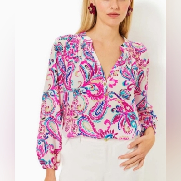 Lilly Pulitzer Tops - Lilly Pulitzer Elsa Silk Top Coconut Flitting About 100% Silk Blouse Size Large
